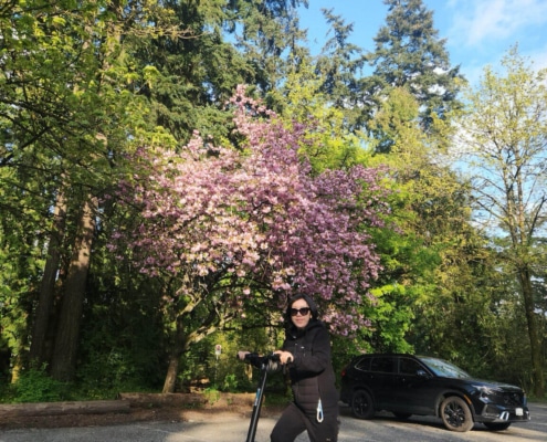 Riding an e-scooter for exercise.